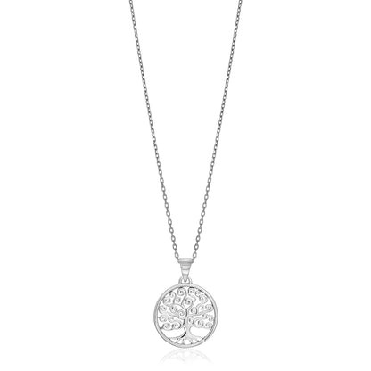 Sterling Silver Round Spiral Motif Tree of Life Necklace 