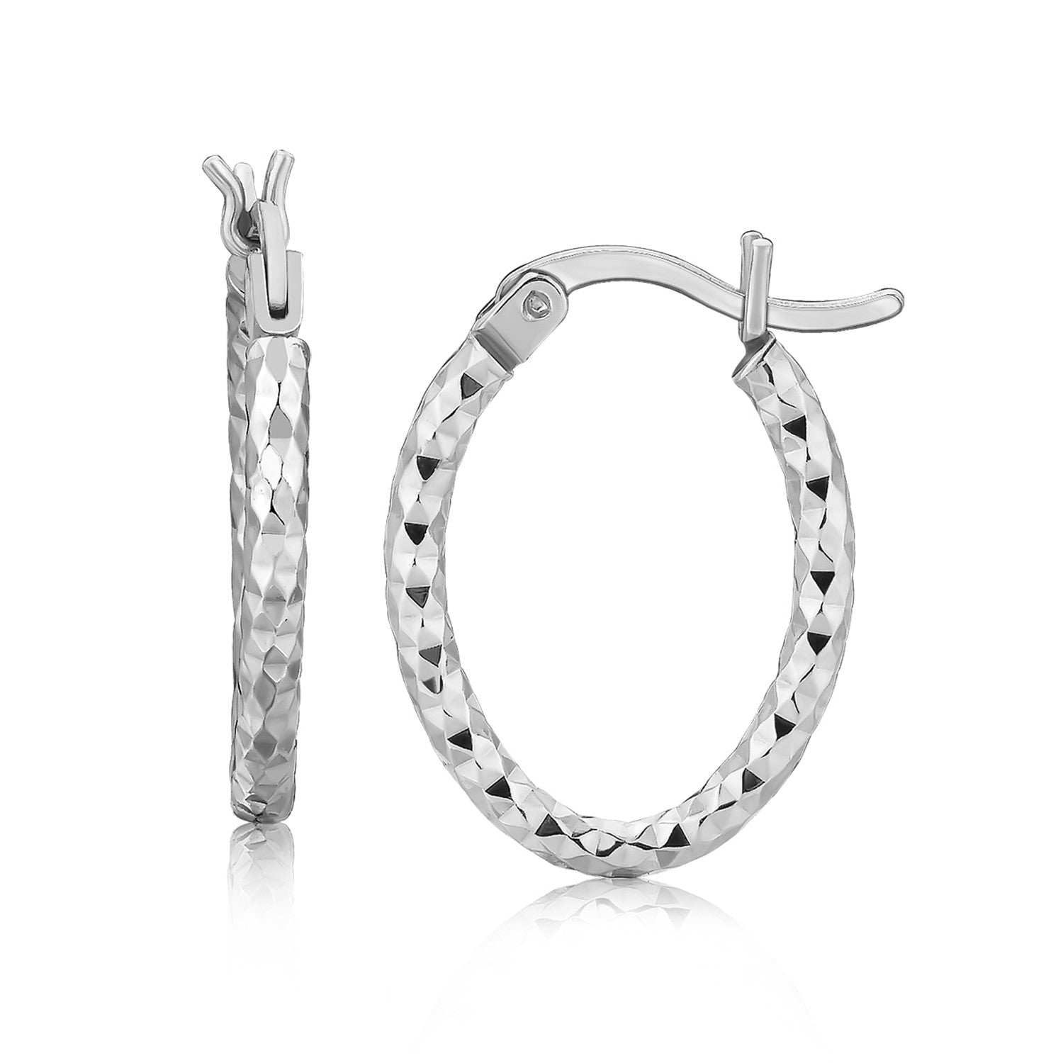 Sterling Silver Rhodium Plated Oval Hoop Diamond Cut Textured Earrings(2x10mm) 