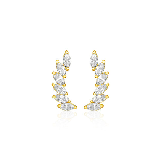 14k Yellow Gold Leaf Motif Climber Post Earrings with Marquise Cubic Zirconias 