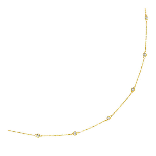 14k Yellow Gold Station Necklace with Round Diamonds 