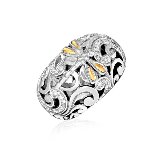 18k Yellow Gold & Sterling Silver Dragonfly Ring with Diamonds 