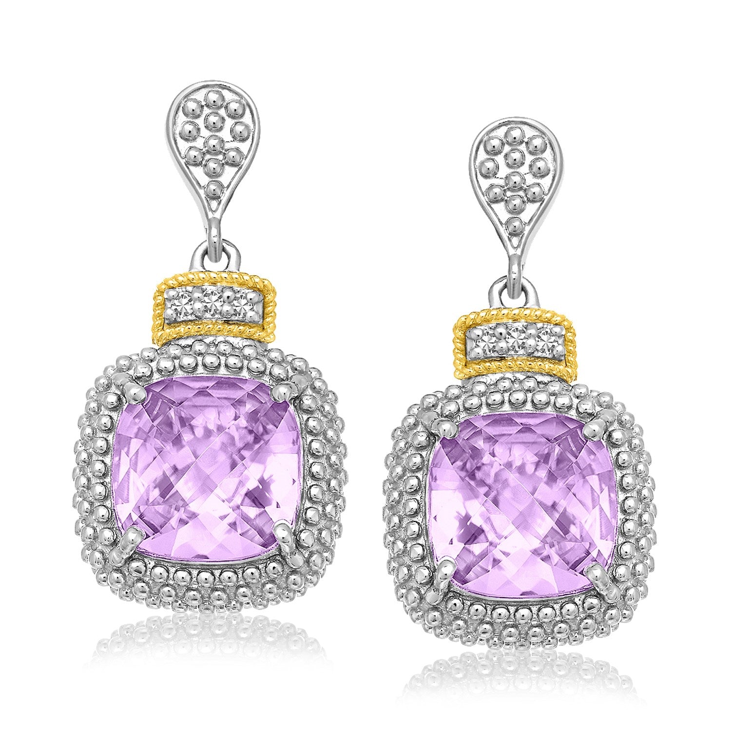 18k Yellow Gold & Sterling Silver Cushion Amethyst & Diamond Earrings (.05cttw) 