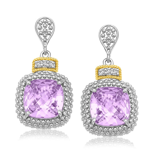 18k Yellow Gold & Sterling Silver Cushion Amethyst & Diamond Earrings (.05cttw) 