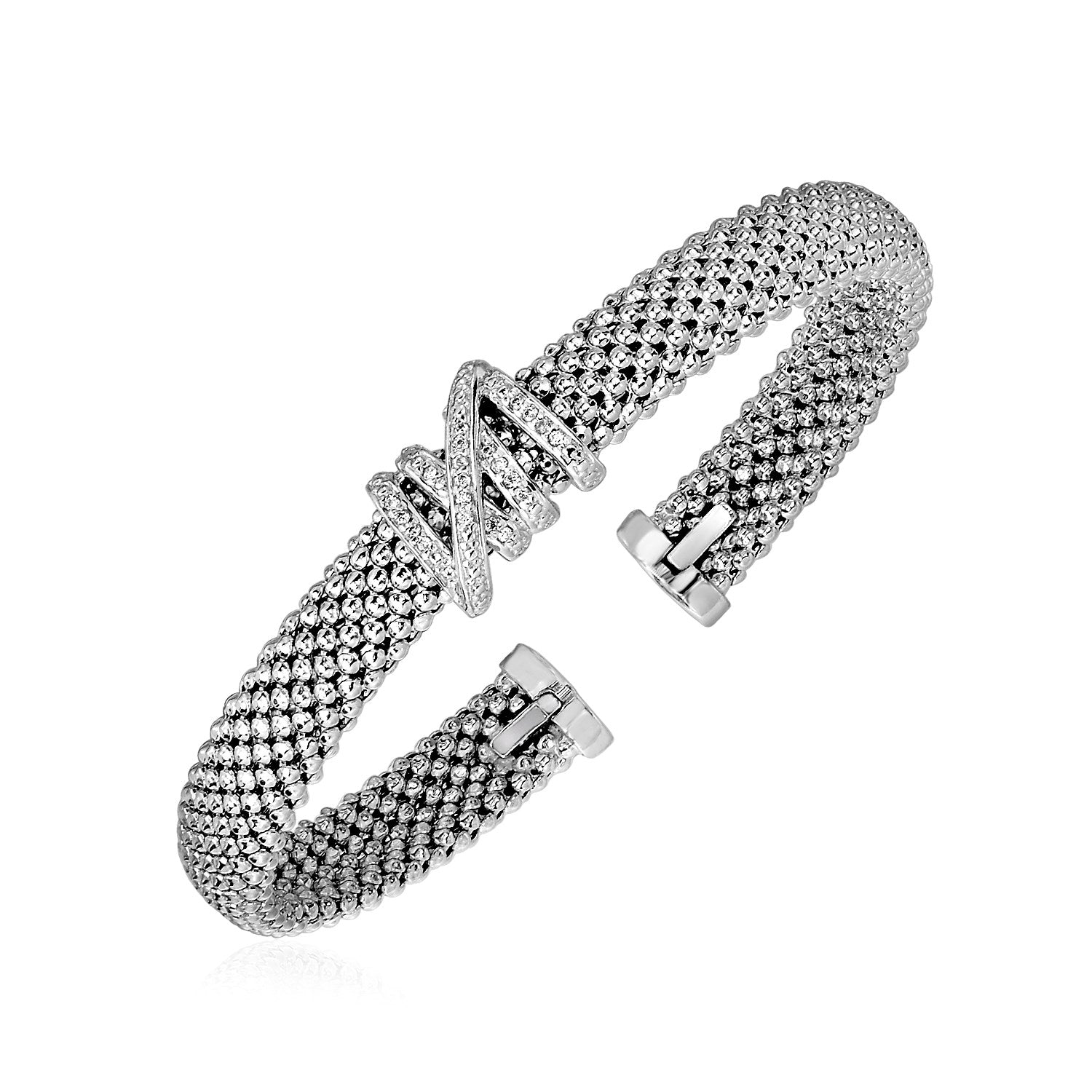 Popcorn Texture Cuff Bangle with Diamonds in Sterling Silver (8.00 mm) 
