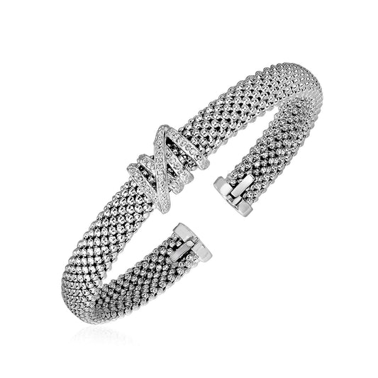Popcorn Texture Cuff Bangle with Diamonds in Sterling Silver (8.00 mm) 