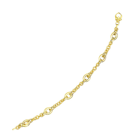 14k Yellow Gold Oval and Round Link Textured Chain Bracelet (6.35 mm) 