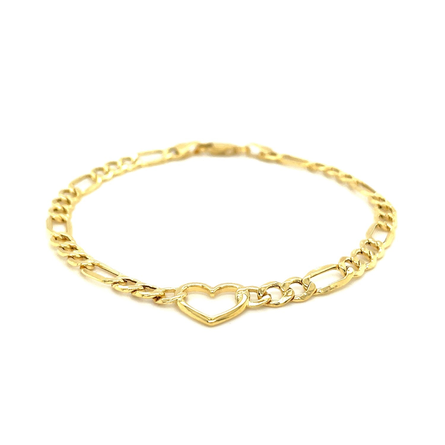 14k Yellow Gold 7 inch Figaro Chain Bracelet with Heart (4.50 mm) 