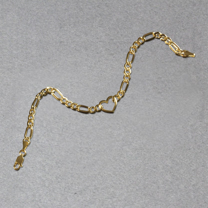 14k Yellow Gold 7 inch Figaro Chain Bracelet with Heart (4.50 mm) 