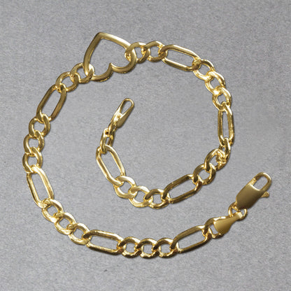 14k Yellow Gold 7 inch Figaro Chain Bracelet with Heart (4.50 mm) 