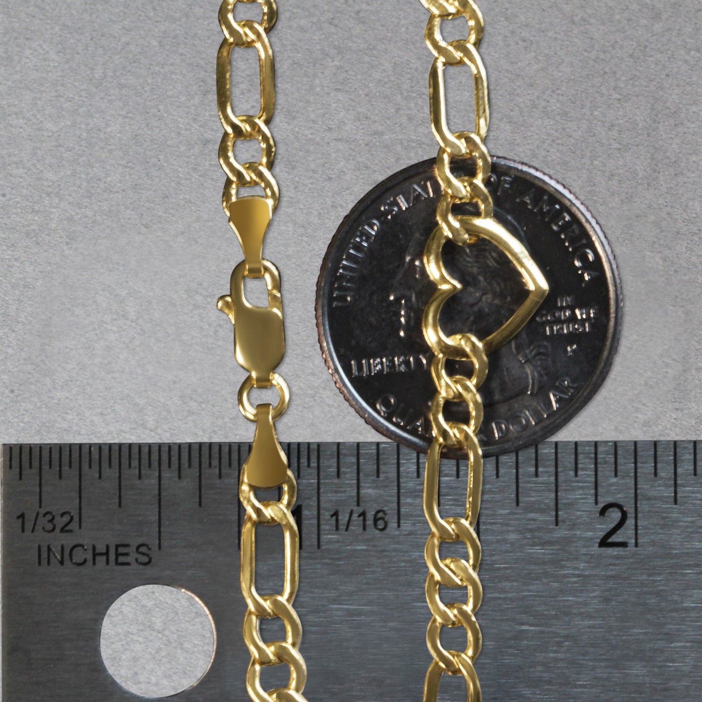14k Yellow Gold 7 inch Figaro Chain Bracelet with Heart (4.50 mm) 