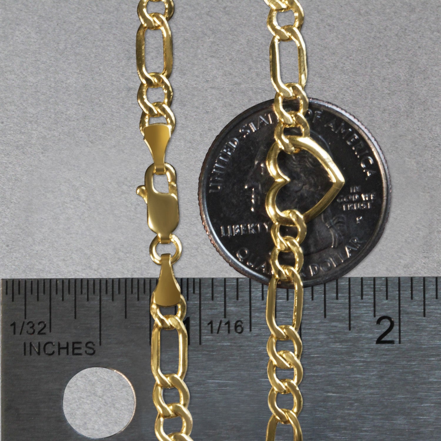 14k Yellow Gold 7 inch Figaro Chain Bracelet with Heart (4.50 mm) 