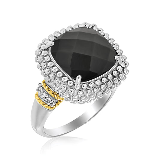 18k Yellow Gold & Sterling Silver Black Onyx and Diamond Popcorn Cushion Ring 