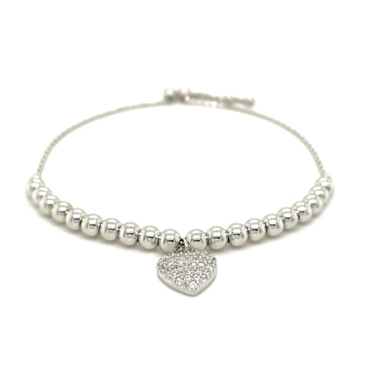 Adjustable Bead Bracelet with Round Charm and Cubic Zirconias in Sterling Silver 