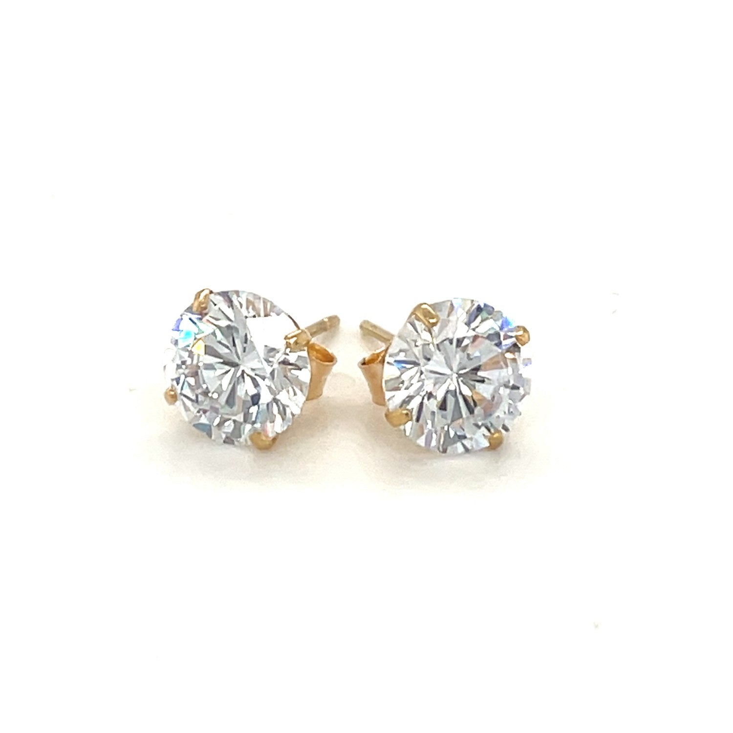 14k Yellow Gold Stud Earrings with White Hue Faceted Cubic Zirconia(7mm) 