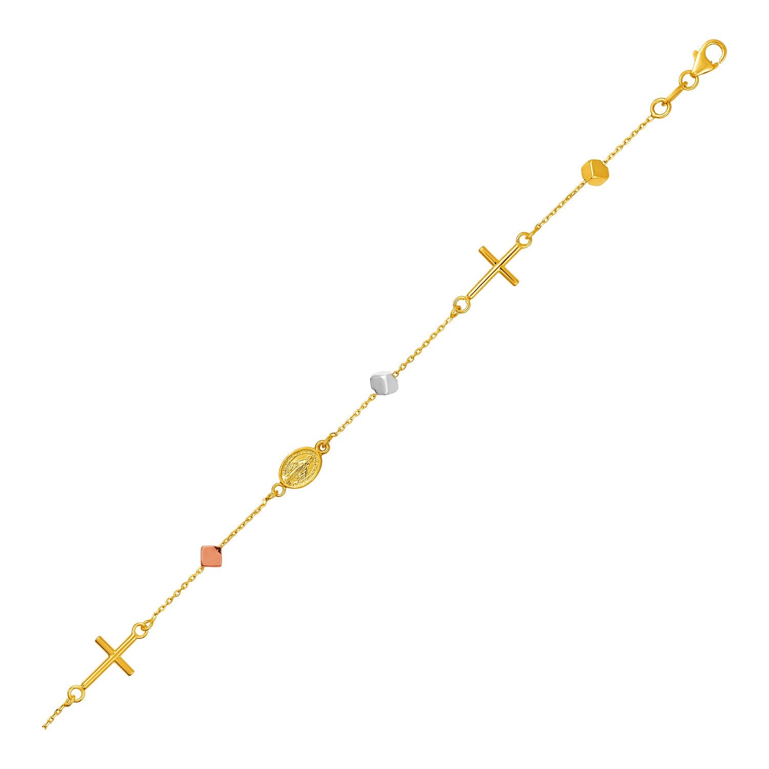14k Tri Color Gold Bracelet with Crosses Cubes and Medallions 