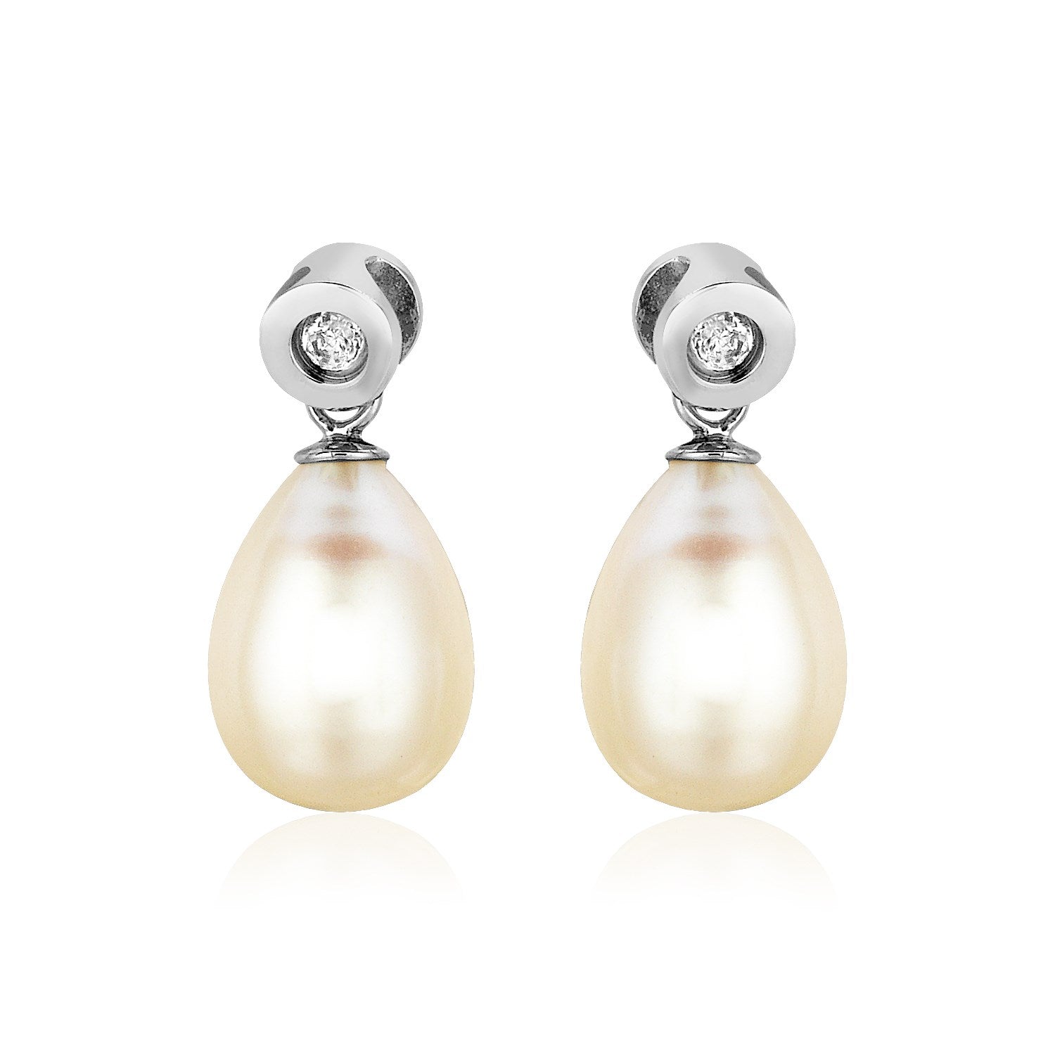 Sterling Silver Earrings with Pear Shaped Freshwater Pearls and Cubic Zirconias 