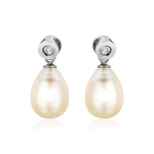 Sterling Silver Earrings with Pear Shaped Freshwater Pearls and Cubic Zirconias 