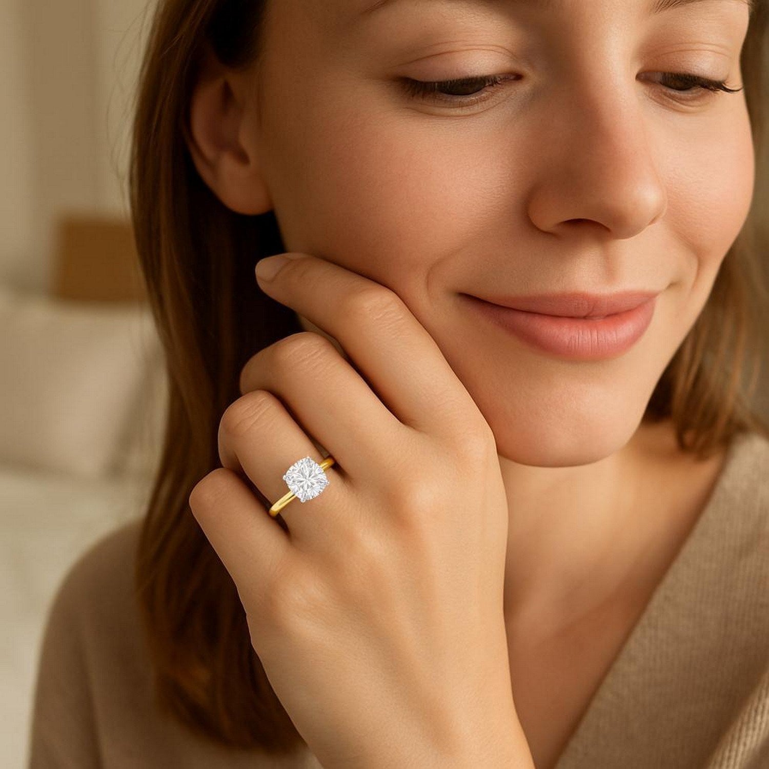 5 Carat Cushion Lab Grown IGI G/VS1 Diamond Solitaire Ring in 14K Yellow Gold 