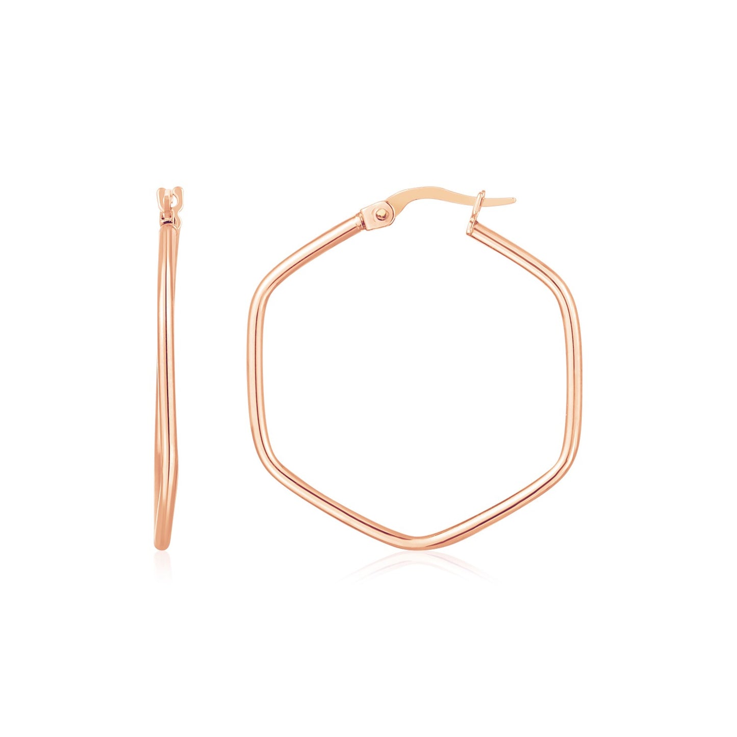 14K Rose Gold Hexagon Hoop Rounded Edge Earrings 