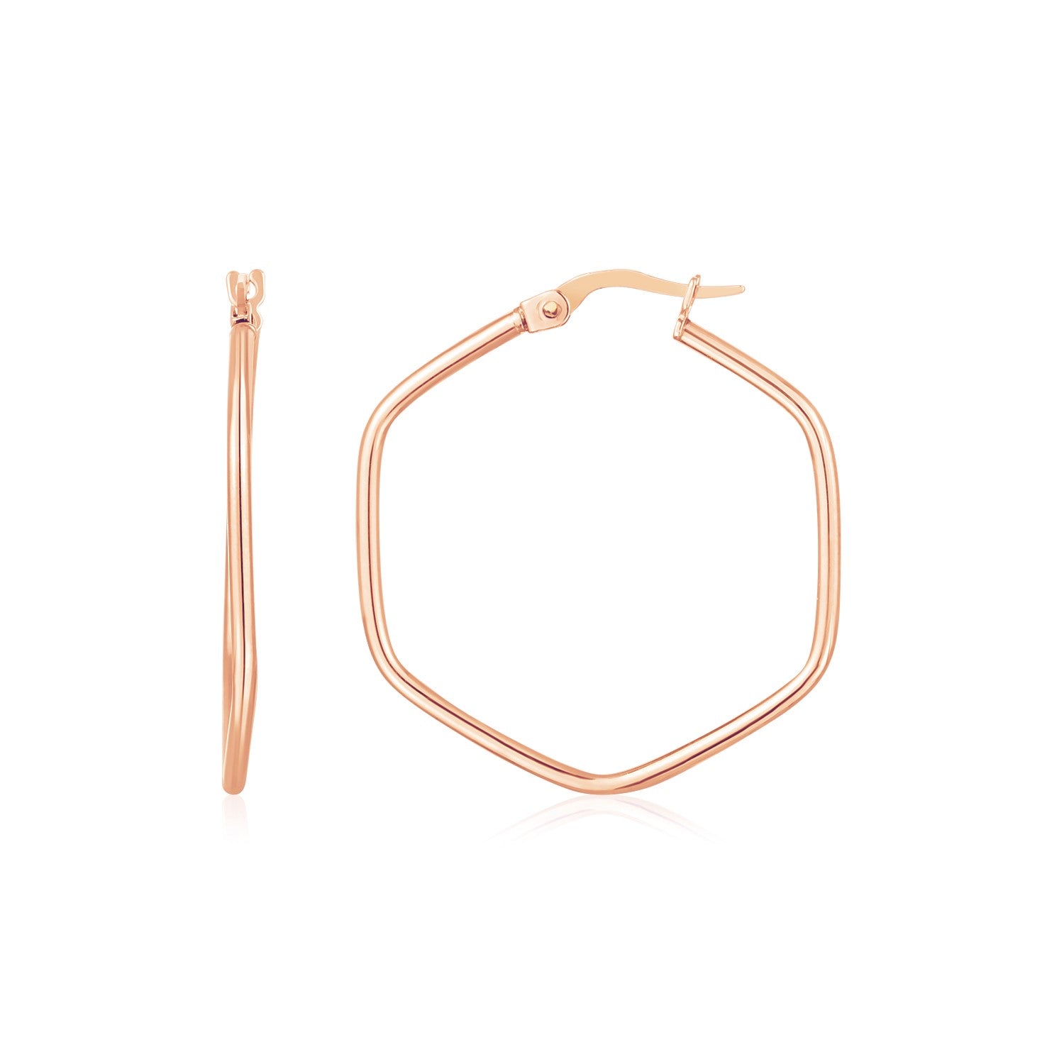 14K Rose Gold Hexagon Hoop Rounded Edge Earrings 