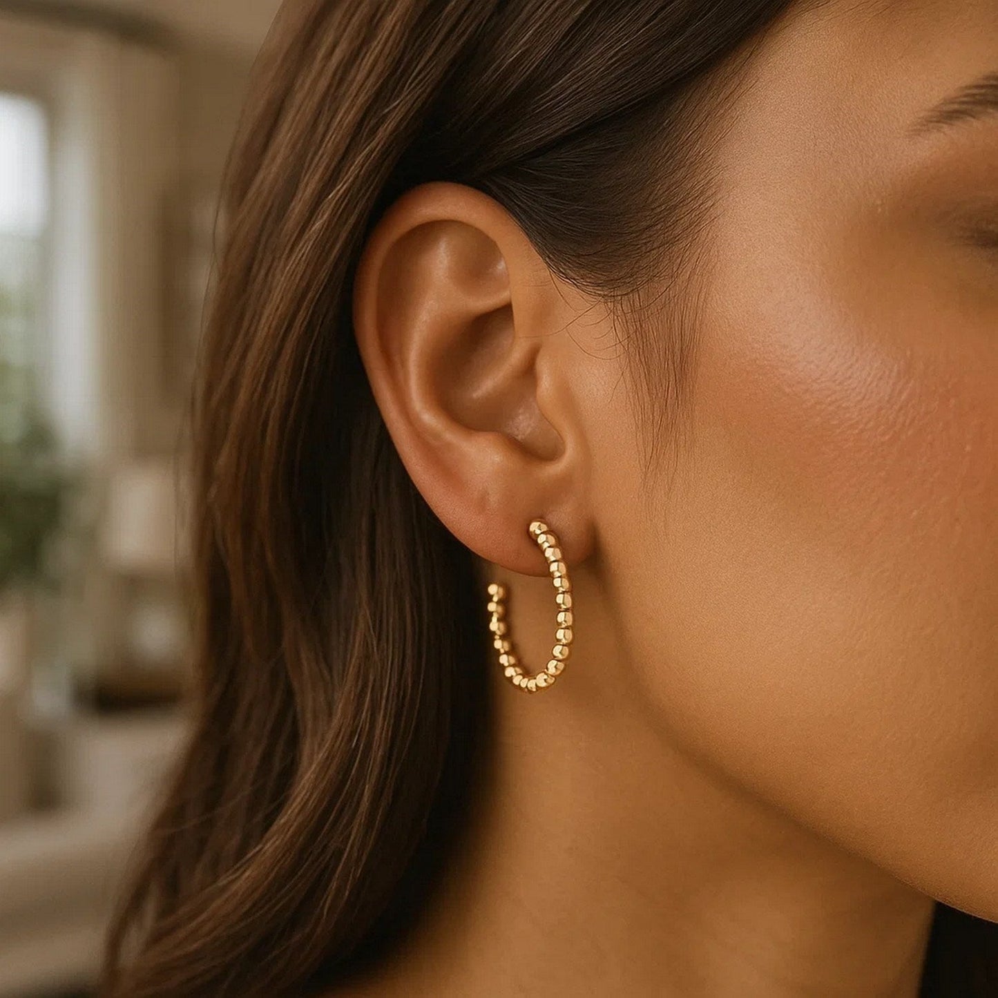 14K Yellow Gold Bead Hoop Earrings(2x23.4mm) 