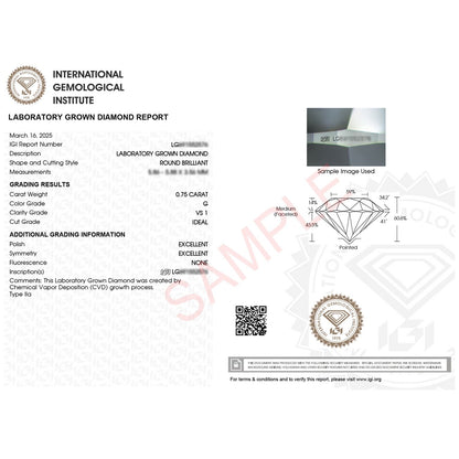 Engagement Ring 3/4 Carat Round Lab Grown IGI G/VS1 Diamond Solitaire Ring in Sterling Silver 
