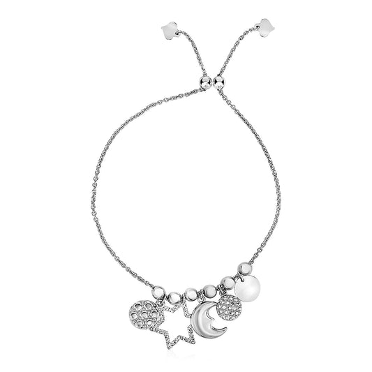 Adjustable Bead Bracelet with Celestial Charms in Sterling Silver 