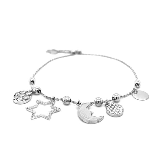 Adjustable Bead Bracelet with Celestial Charms in Sterling Silver 