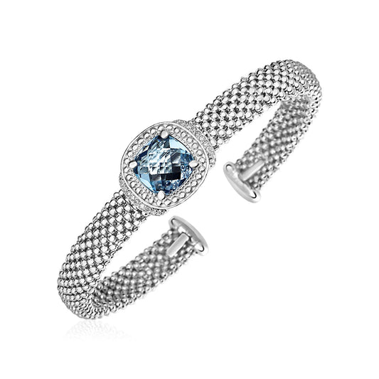 Popcorn Texture Cuff Bangle with Blue Topaz and Diamonds in Sterling Silver (8.00 mm) 