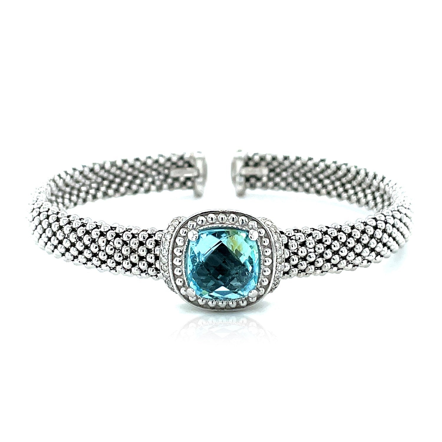 Popcorn Texture Cuff Bangle with Blue Topaz and Diamonds in Sterling Silver 