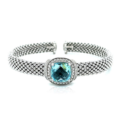 Popcorn Texture Cuff Bangle with Blue Topaz and Diamonds in Sterling Silver 