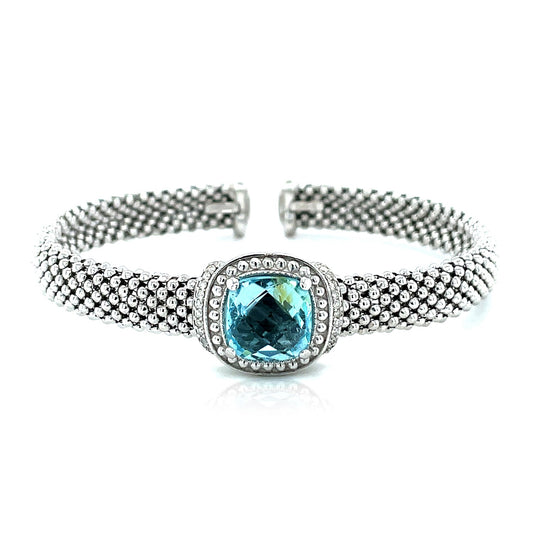 Popcorn Texture Cuff Bangle with Blue Topaz and Diamonds in Sterling Silver (8.00 mm) 