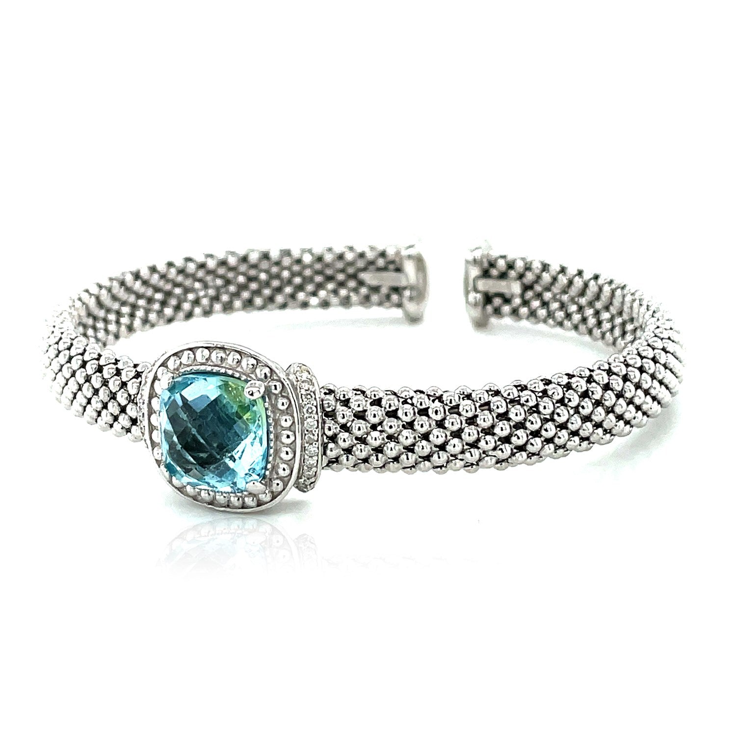 Popcorn Texture Cuff Bangle with Blue Topaz and Diamonds in Sterling Silver 
