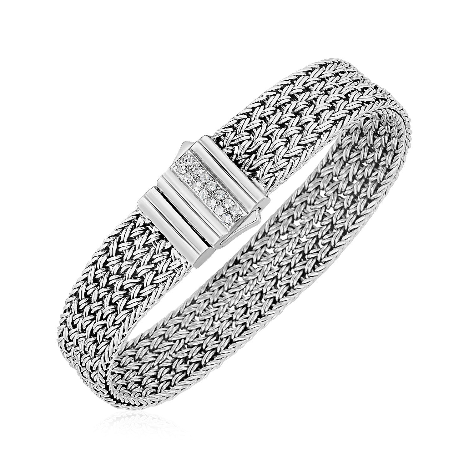 Woven Rope Bracelet with White Sapphire Accented Clasp in Sterling Silver (15.00 mm) 