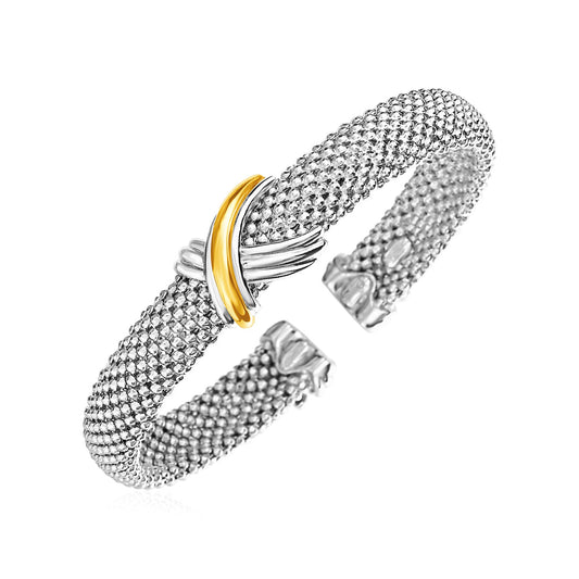 Popcorn Texture Cuff Bangle with X Motif in Sterling Silver and 18k Yellow Gold (10.00 mm) 