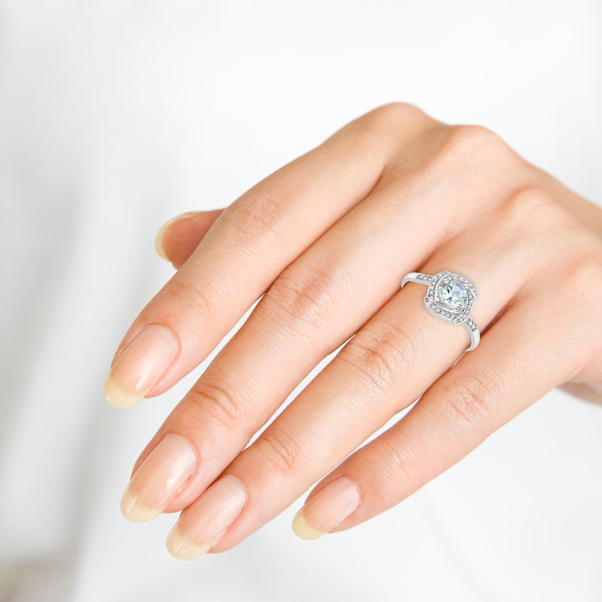 Halo Round Aquamarine and 30 White Diamonds Engagement Ring in 14K White Gold 