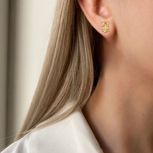 Oval Citrine Solitaire Stud Earrings in .925 Sterling Silver, November Birthday Gift for Her 