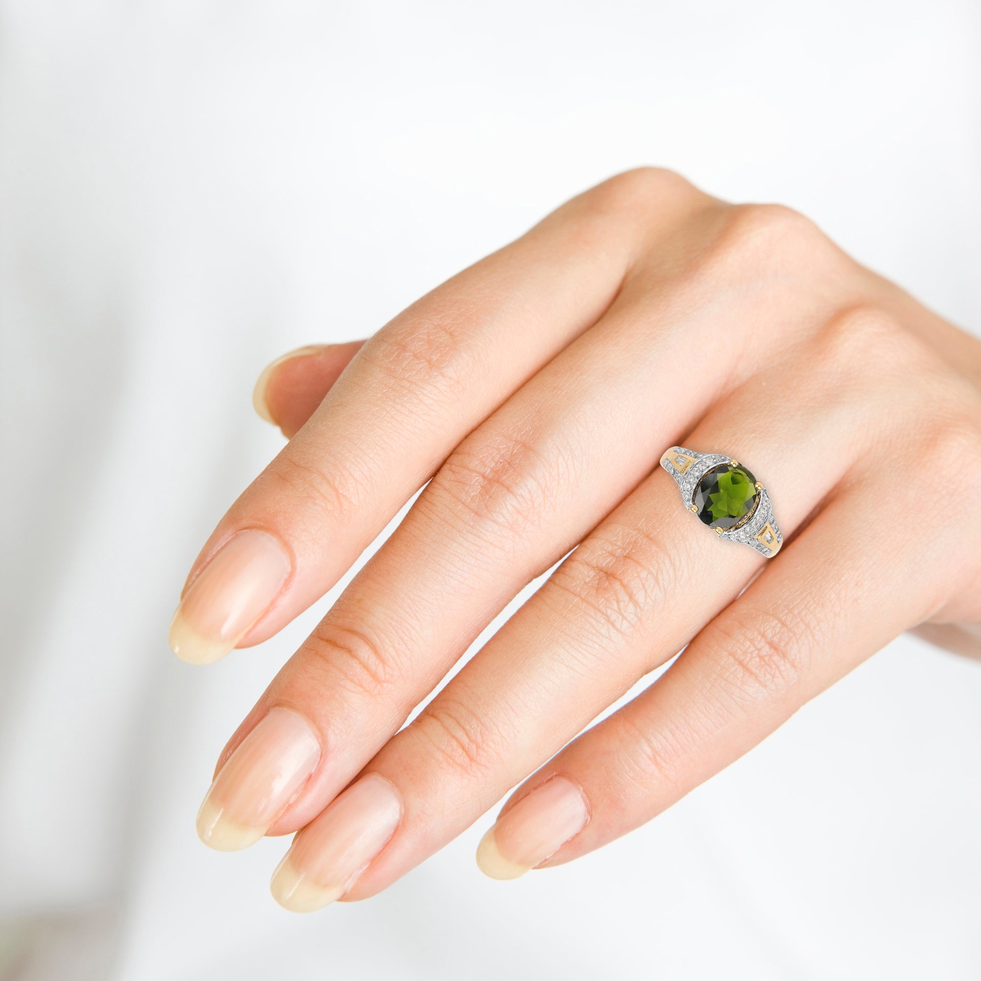 18K Yellow Gold Plated Oval Chrome Diopside & White Topaz Cocktail Ring in .925 Sterling Silver 