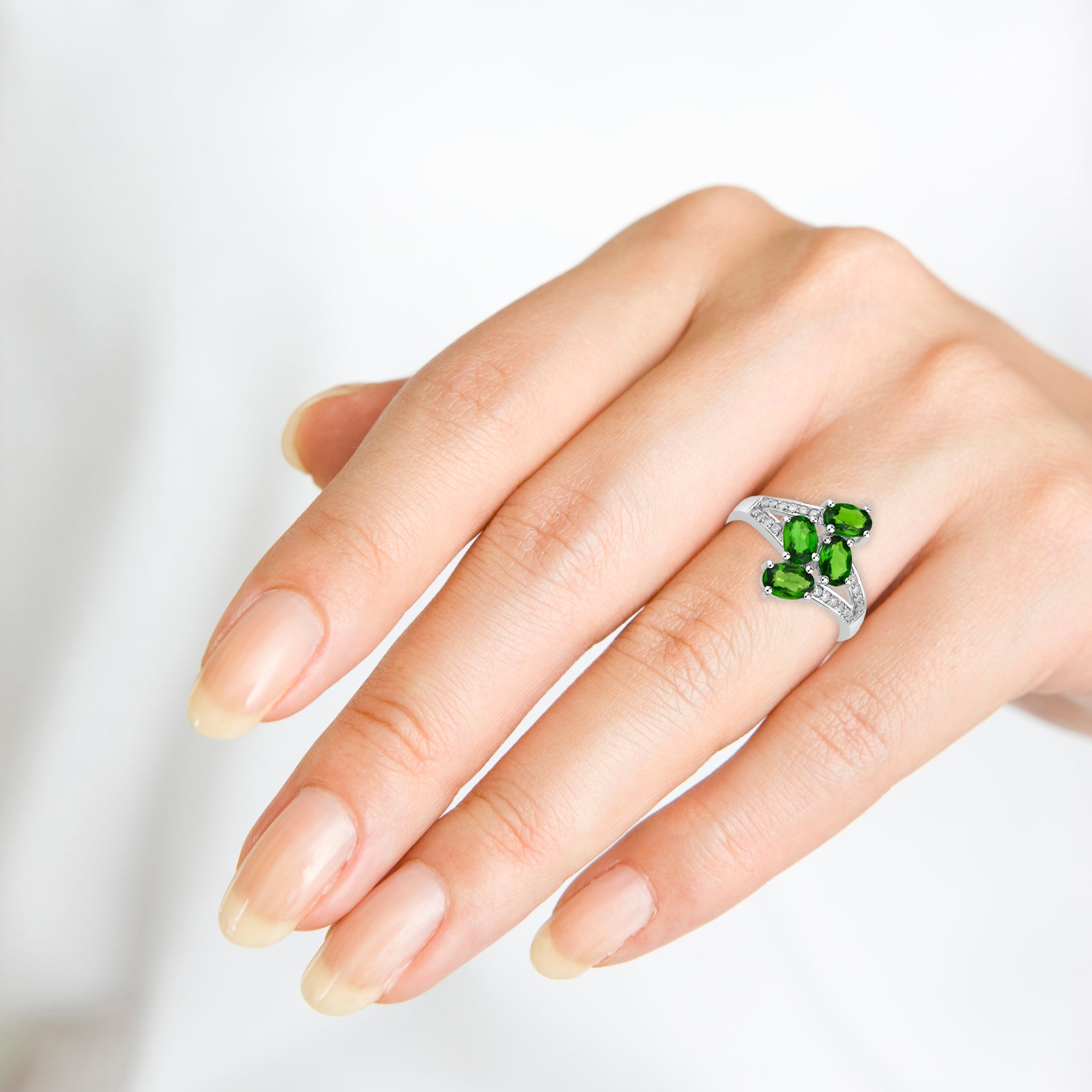 Chrome Diopside and White Zircon Bypass Ring in .925 Sterling Silver 