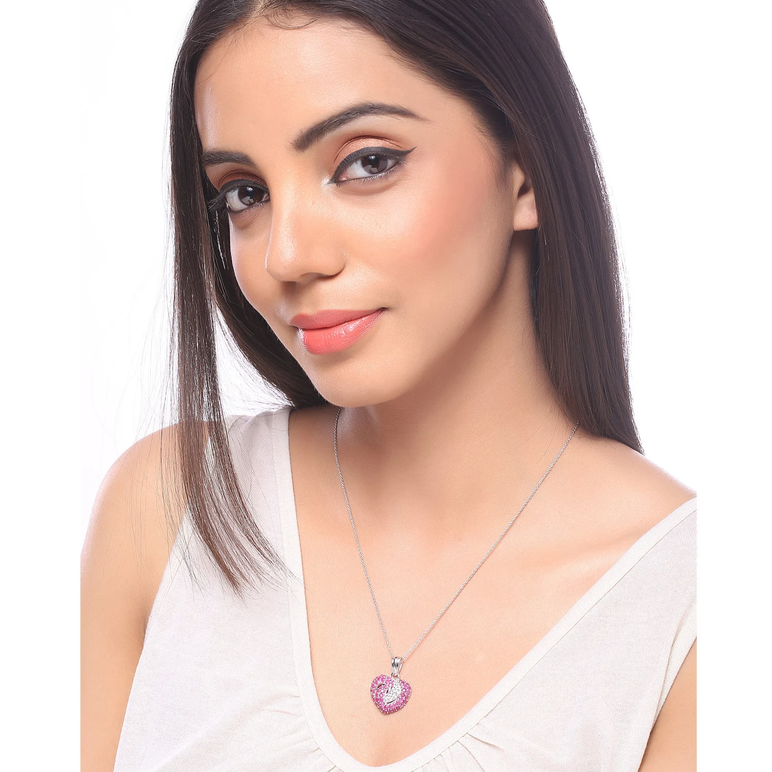 Ruby & White Sapphire Heart Shaped Pendant in .925 Sterling Silver 