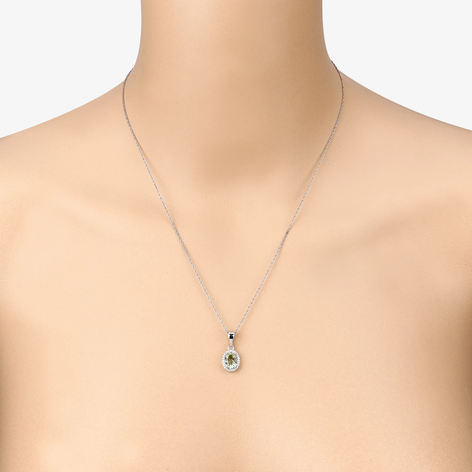 Halo Oval Green Tourmaline and 24 White Diamonds Pendant in 14K White Gold 