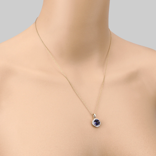 Iolite and 23 White Diamonds Halo Pendant in 14K Yellow Gold, Anniversary Gift For Her 