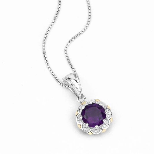 Round Amethyst and 24 White Diamonds Halo Pendant in 14K Yellow Gold with .925 Sterling Silver 