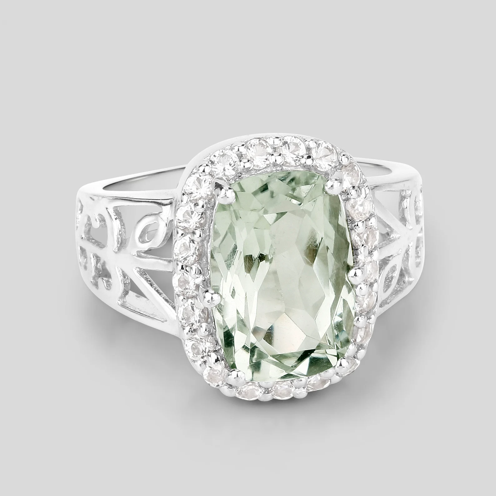 Cushion Cut Green Amethyst and White Topaz Coktail Ring in .925 Sterling Silver 