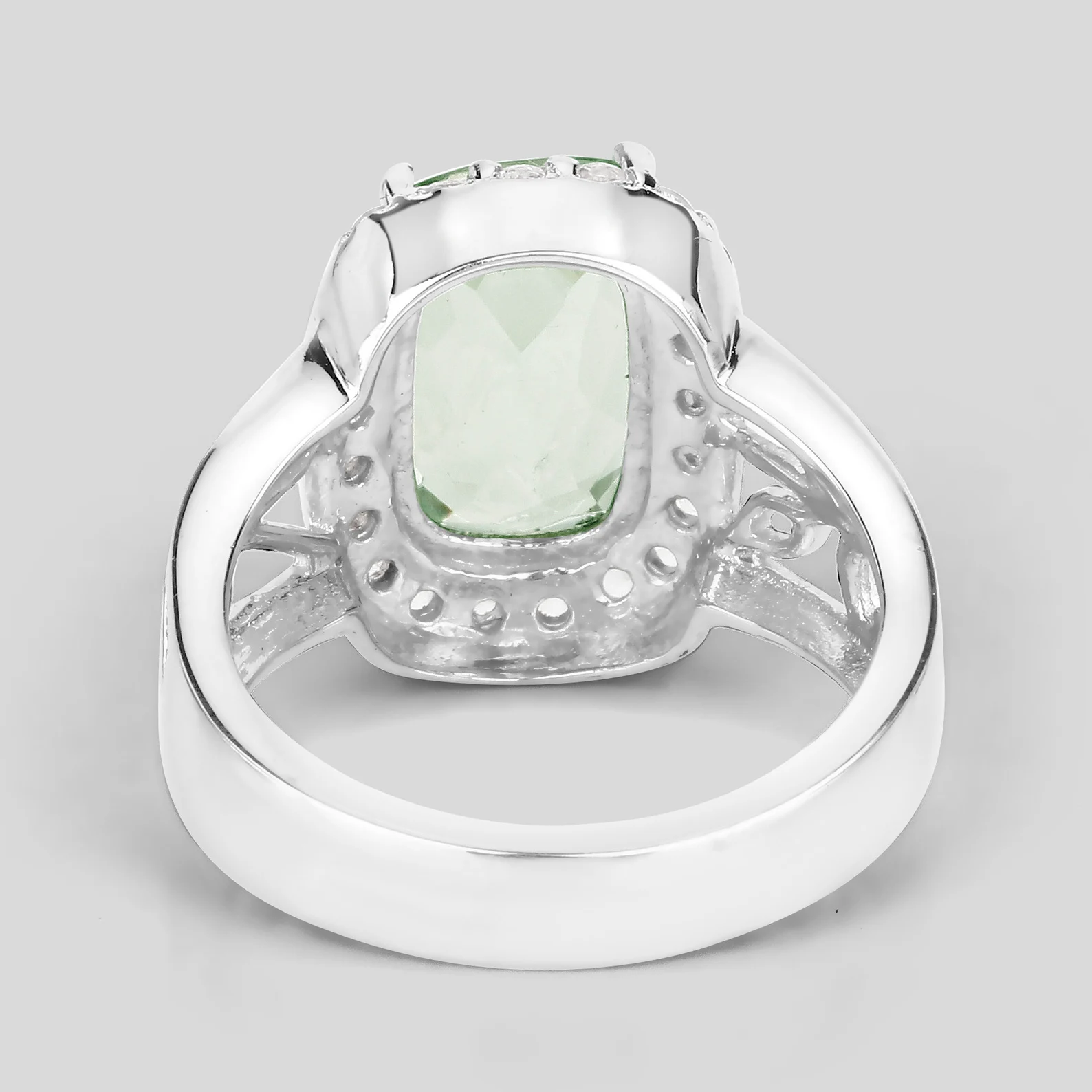 Cushion Cut Green Amethyst and White Topaz Coktail Ring in .925 Sterling Silver 