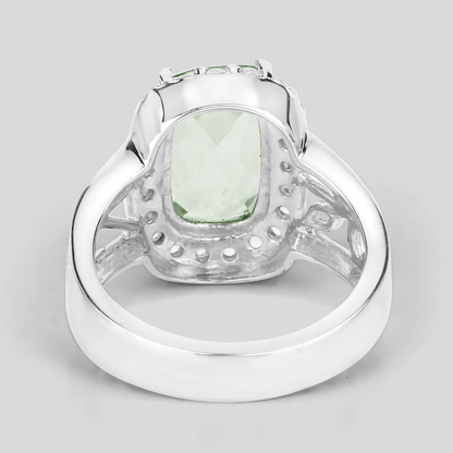 Cushion Cut Green Amethyst and White Topaz Coktail Ring in .925 Sterling Silver 