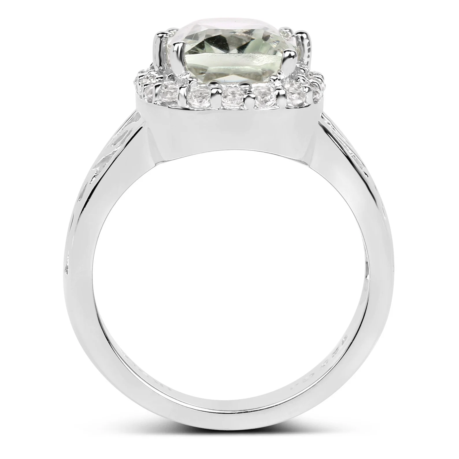 Cushion Cut Green Amethyst and White Topaz Coktail Ring in .925 Sterling Silver 