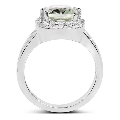 Cushion Cut Green Amethyst and White Topaz Coktail Ring in .925 Sterling Silver 