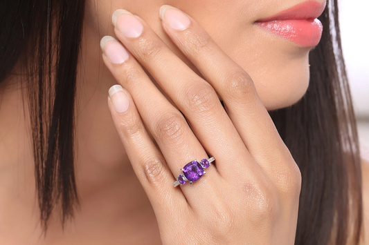 Cushion Amethyst & White Topaz 3 Stone Engagement Ring in .925 Sterling Silver 