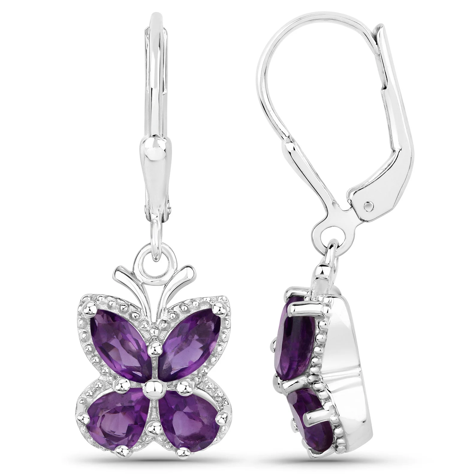 Amethyst Dangle Butterfly Earrings in .925 Sterling Silver 